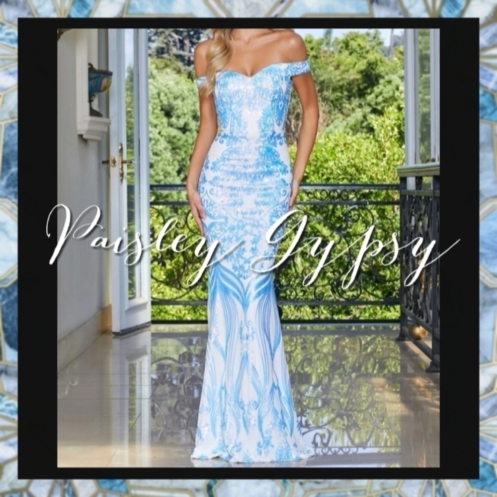 Stunning Off the Shoulder Mermaidcore Floral Baby Blue Sequin Gown